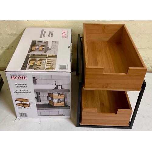 139 - BOXED SEVILLE CLASSICS SLIDING KITCHEN TOP ORGANISER WITH BLACK METAL FRAME AND WOODEN DRAWERS