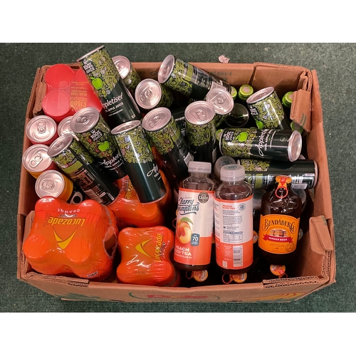 166 - BOX OF MIXED DRINKS INCLUDING LUCAZADE, APPLETISER, J2O ETC