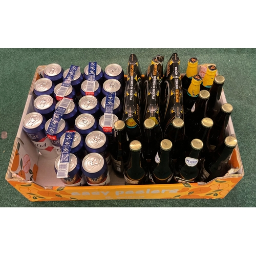 170 - BOX OF MIXED BEERS AND CIDER INCLUDING HENRY WESTON, GUINESS EXPORT AND 1664