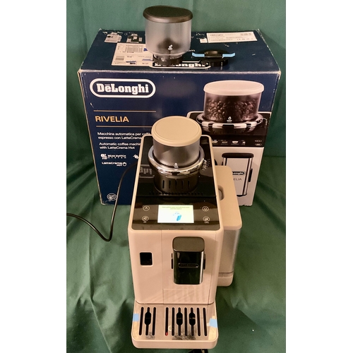 88 - BOXED DELONGHI RIVELIA COFFEE MACHINE WITH DIGITAL DISPLAY AND 2 COFFEE BEAN DISPENSERS IN CREAM COL... 