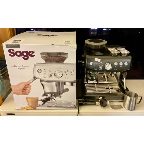 87 - BOXED SAGE THE BARISTA EXPRESS IMPRESS PUMP COFFEE MACHINE WITH PORTA FILTA, MILK JUG, THE RAZOR, 4 ... 