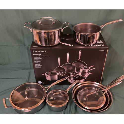 100 - BOXED HENCKELS 11 PIECE PARADIGM STAINLESS STEEL COOKWARE SET 7 PANS 4 LIDS