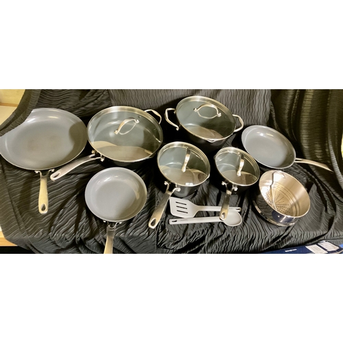 101 - BOXED TRAMONTINA X14 PIECE NON STICK COOKWARE SET, X7 PANS, X4 LIDS, X2 RUBBER UTENSILS, X1 COLANDER... 