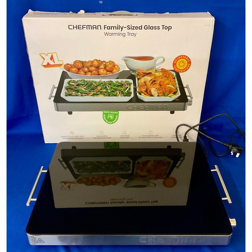 110 - BOXED CHEFMAN FAMILY SIZED GLASS TOP WARMING TRAY WITH LED HEAD INDICATOR, ADJUSTABLE TEMPERATURE DI... 