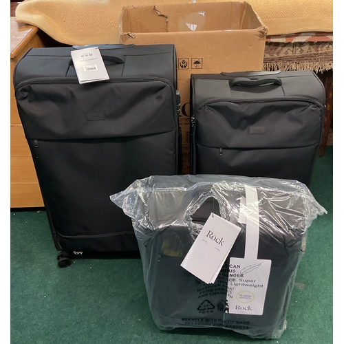 221 - BOXED SET OF THREE ROCK SOFT SIDE SPINNER SUITCASES ‘PARIS’ - 28” , 26” AND 20” IN BLACK