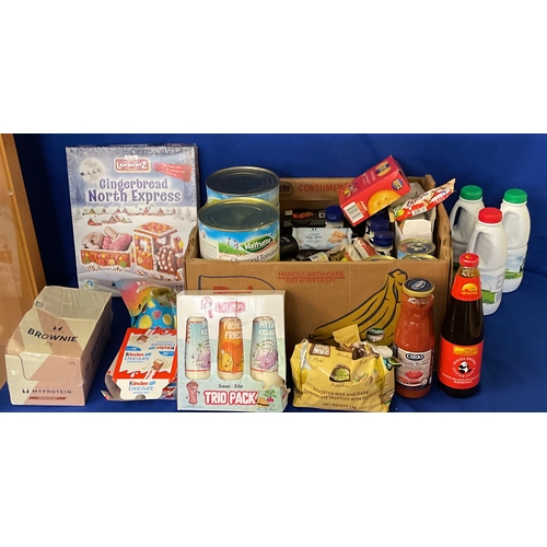 235 - LARGE BOX OF MIXED FOODSTUFFS INCLUDING LARGE TINNED TOMATOES, COLONA SAUCES, MAKE YOU OWN GINGER BR... 