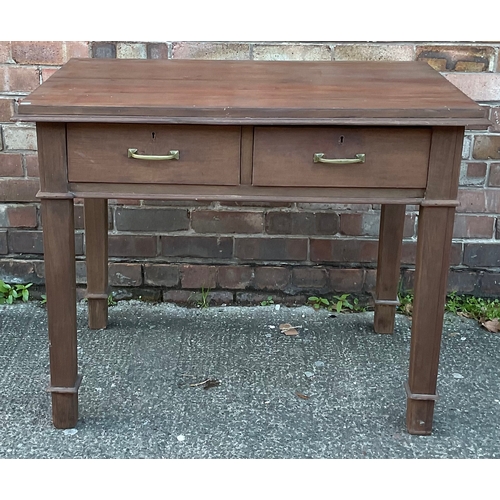 310 - AN ANTIQUE GEORGIAN STRIPPED MAHOGANY DESK ON SQUARE LEGS, WITH TWO DRAWERS TO UNDERSIDE FITTED WITH... 