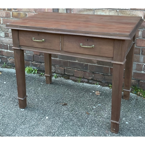 310 - AN ANTIQUE GEORGIAN STRIPPED MAHOGANY DESK ON SQUARE LEGS, WITH TWO DRAWERS TO UNDERSIDE FITTED WITH... 