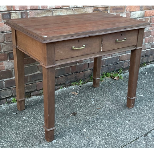 310 - AN ANTIQUE GEORGIAN STRIPPED MAHOGANY DESK ON SQUARE LEGS, WITH TWO DRAWERS TO UNDERSIDE FITTED WITH... 