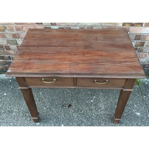 310 - AN ANTIQUE GEORGIAN STRIPPED MAHOGANY DESK ON SQUARE LEGS, WITH TWO DRAWERS TO UNDERSIDE FITTED WITH... 
