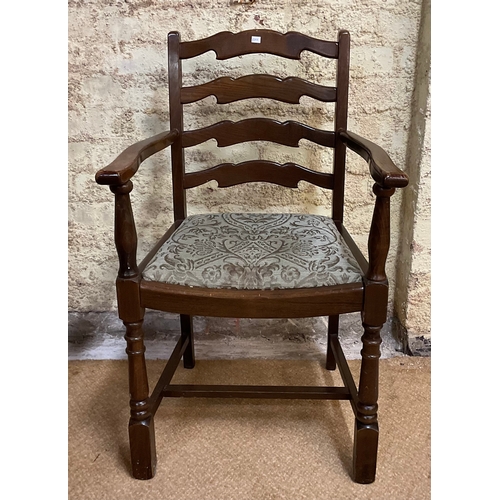 332 - AN OAK REPRODUCTION LADDER BACK CHAIR ON CARVED LEGS WITH UPHOLSTERED SEAT - APPROX 87.CM.H.