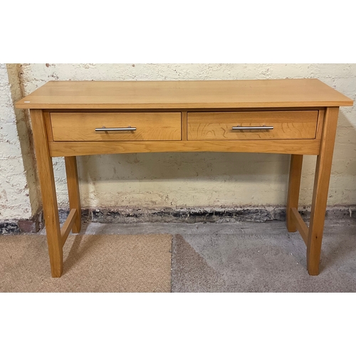 338 - A BEECH TWO DRAWER SIDE TABLE WITH STAINLESS STEEL HANDLES - APPROX 120.CM.W X 43.CM.D X 76.CM.H