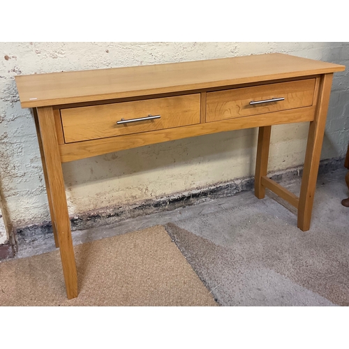 338 - A BEECH TWO DRAWER SIDE TABLE WITH STAINLESS STEEL HANDLES - APPROX 120.CM.W X 43.CM.D X 76.CM.H