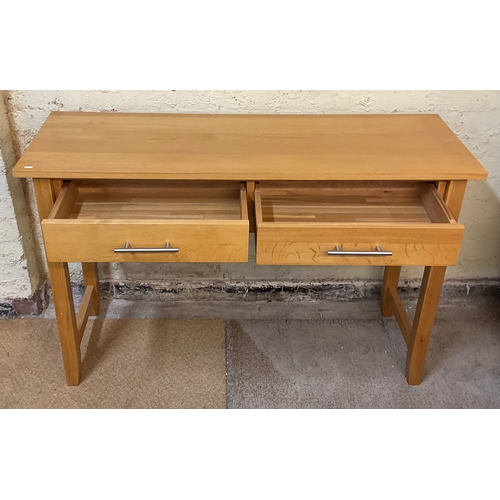338 - A BEECH TWO DRAWER SIDE TABLE WITH STAINLESS STEEL HANDLES - APPROX 120.CM.W X 43.CM.D X 76.CM.H