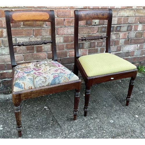 304 - PAIR OF REGNECY MAHOGANY DINING CHAIRS, WITH ROPE TWIST BAR BACK SPLAT, ON TURNED LEGS AND NEEDLPOIN... 