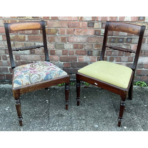 304 - PAIR OF REGNECY MAHOGANY DINING CHAIRS, WITH ROPE TWIST BAR BACK SPLAT, ON TURNED LEGS AND NEEDLPOIN... 