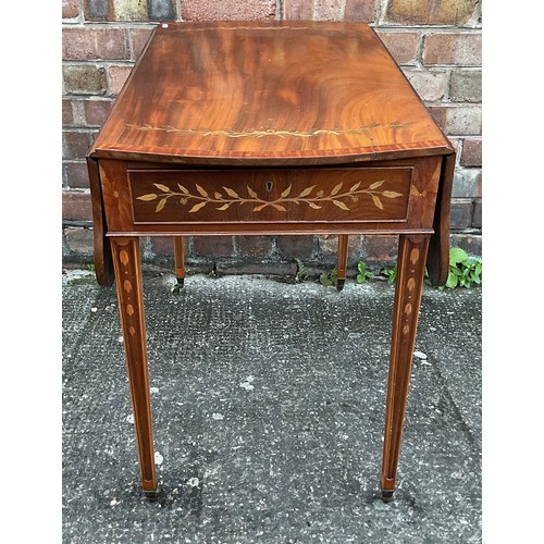 307 - A GEORGE III MAHOGANY AND SATINWOOD BANDED EXTENDING PEMBROKE TABLE, ON MOULDED SQUARE TAPERED LEGS ... 