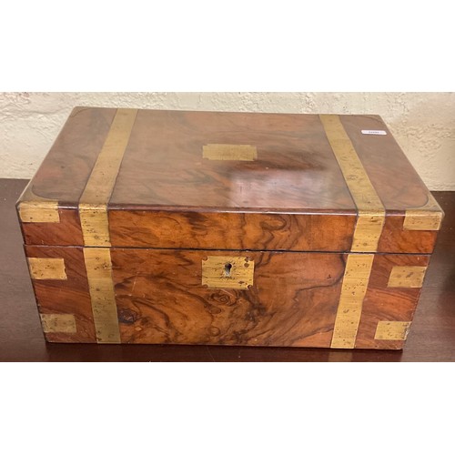 308 - A VICTORIAN WALNUT BANDED WRITING SLOPE, WITH RED LEATHER FITTED INTERIOR AND BRASS INLAY TO EXTERIO... 
