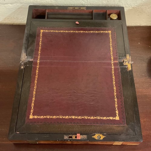 308 - A VICTORIAN WALNUT BANDED WRITING SLOPE, WITH RED LEATHER FITTED INTERIOR AND BRASS INLAY TO EXTERIO... 
