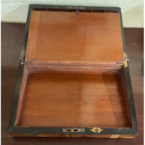 308 - A VICTORIAN WALNUT BANDED WRITING SLOPE, WITH RED LEATHER FITTED INTERIOR AND BRASS INLAY TO EXTERIO... 
