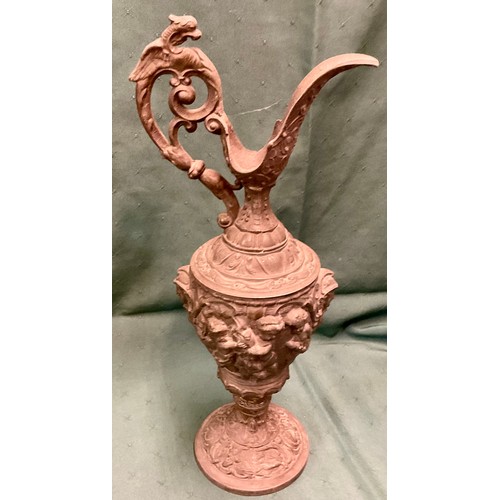 419 - A SPELTER DECORATIVE EWER, DEPICTING PUTTYS AND CHERUBS AND PHOENIX HEAD TO HANDLE