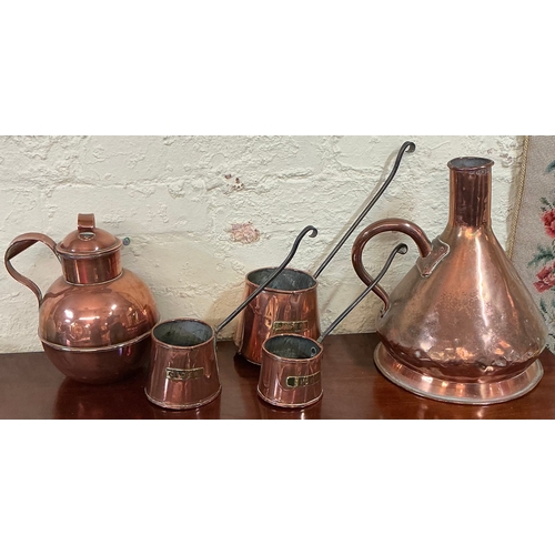 420 - ANTIQUE COPPERWARES INCLUDING AN ENGLISH GEORGIAN LIVERPOOL HAYSTACK GALLON MEASURE JUG, 3 HANDLED C... 