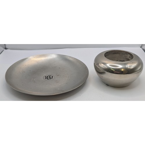 424 - HEAVY PEWTER TEA LIGHT HOLDER AND DISH MARKED LCJ