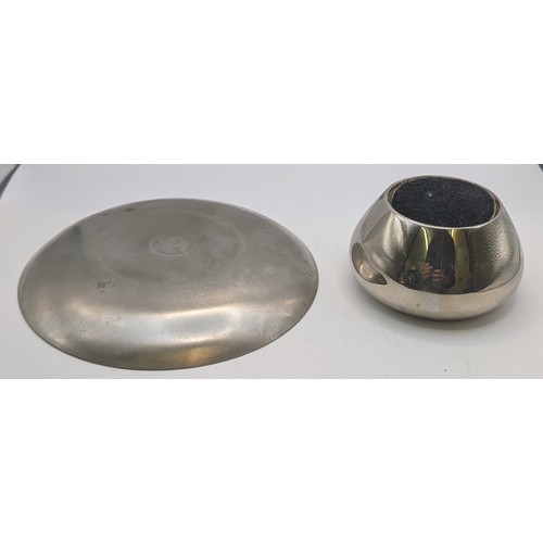 424 - HEAVY PEWTER TEA LIGHT HOLDER AND DISH MARKED LCJ