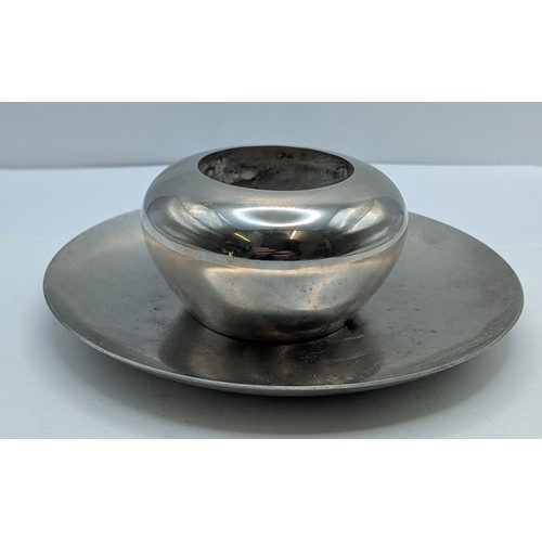 424 - HEAVY PEWTER TEA LIGHT HOLDER AND DISH MARKED LCJ