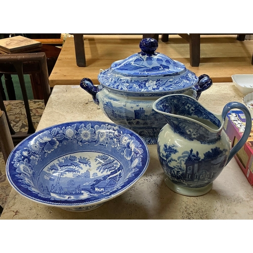 431 - A LARGE BLUE AND WHITE VICTORIAN COVERED TUREEN MARKED TO BASE BRIDGE OF LUCANO TOGETHER WITH A VICT... 