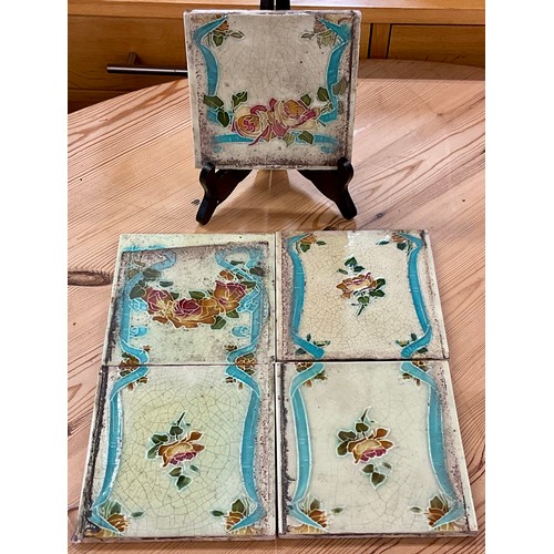433 - X5 ANTIQUE ART NOUVEAU VICTORIAN TILES BY RHODES TILE CO. DEPICTING BLUE AND FLOWER PATTERNED DESIGN... 