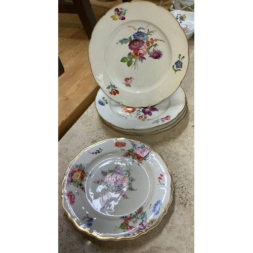 435 - SET OF 4 HANDPAINTED WHITE AND GILT CROWN DERBY FLORAL PLATES AND ONE OTHER