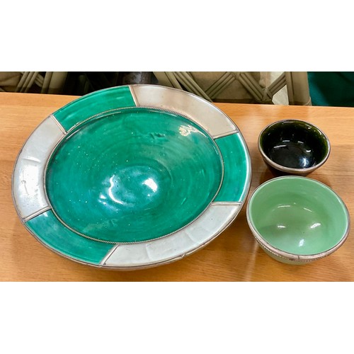 436 - X3 WHITE METAL RIMMED DISHES, EACH WITH STUDDED TRIM, VARIOUS SIZES VARIOUS PATTERNS