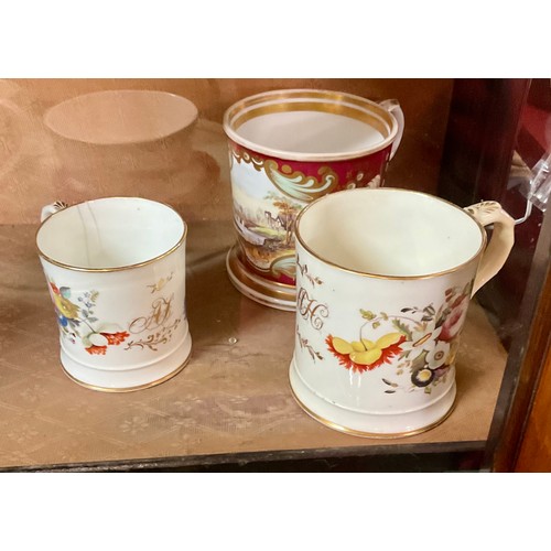 440 - X3 VICTORIAN LOVING CUPS, INCL X2 FLOWER PATTERNED CUPS AND A RED TRANSFER PRINT CUP DEPICTING A COU... 