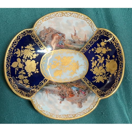 443 - A HELENA WOLFSOHN 19th c  DRESDEN DECORATIVE QUATREFOIL DISH WITH HARBOUR AND SHORE SCENE 13.5CM X 1... 