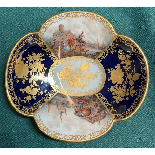 443 - A HELENA WOLFSOHN 19th c  DRESDEN DECORATIVE QUATREFOIL DISH WITH HARBOUR AND SHORE SCENE 13.5CM X 1... 