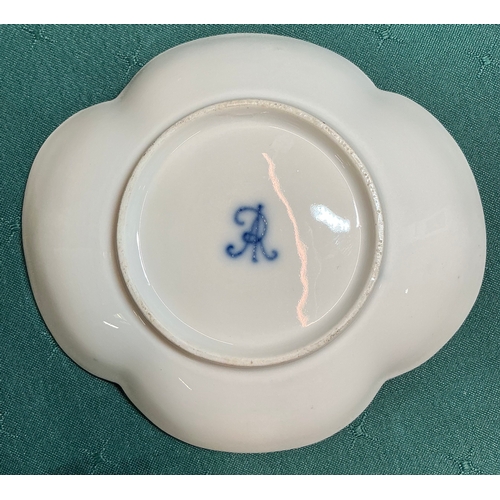 443 - A HELENA WOLFSOHN 19th c  DRESDEN DECORATIVE QUATREFOIL DISH WITH HARBOUR AND SHORE SCENE 13.5CM X 1... 