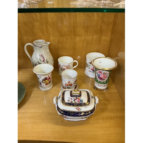 445 - 7 PEICES OF HAND PAINTED VICTORAN POTTERY INCLUDING A GREEN AND WHITE ROCKINGHAM VASE, 2 STAFFORDSHI... 