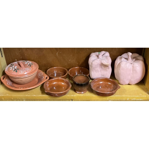 448 - 9 ITEMS OF OF STUDIO POTTERY INCLUDING 2 HEAVY GOURDS, COVERED DISH, DISHES ETC