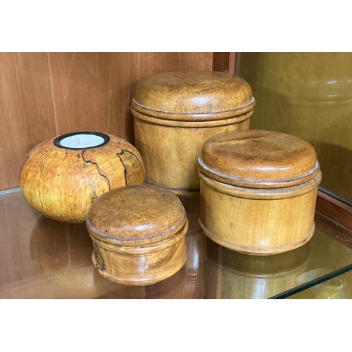 454 - 3 WOOD TURNED GRADUATED COVERED BOXES AND A ERLING JERVNE WOOD TURNED CANDLE HOLDER