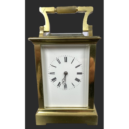 452 - AN ANTIQUE BRASS AND GLASS CARRIAGE CLOCK, WITH STRIKING MOVEMENT, MARKED TO MECHANISM, 'HAND' & '46... 