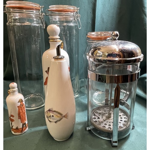457 - X3 TALL MASON JARS AND X3 CONTINENTAL OLIVE POURERS AND A LARGE CAFETIERE
