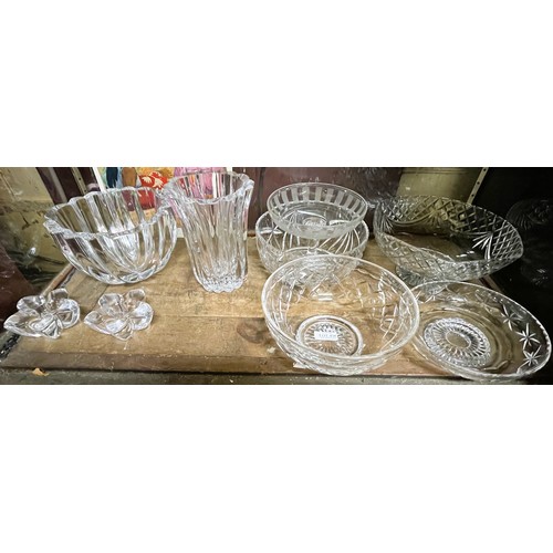 458 - X2 HEAVY ORREFORS SWEDISH CRYSTAL BOWLS, A PAIR OF CANDLE HOLDERS TO MATCH AND A X4 LEAD CRYSTAL FRU... 