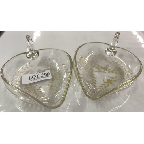 466 - A PAIR OF VICTORIAN GILT PATTERNED ETCHED HEART SHAPED DISHES WITH HANDLES