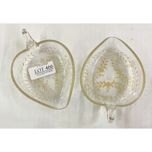 466 - A PAIR OF VICTORIAN GILT PATTERNED ETCHED HEART SHAPED DISHES WITH HANDLES