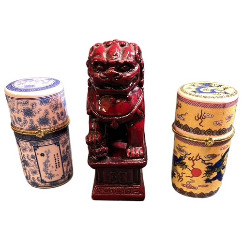 468 - X2 MODERN CHINESE ENAMEL LIDDED BOXES TOGETHER WITH A RED RESIN FOO DOG