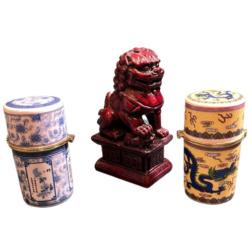 468 - X2 MODERN CHINESE ENAMEL LIDDED BOXES TOGETHER WITH A RED RESIN FOO DOG