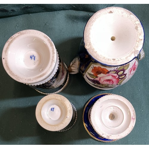 470 - X4 PIECES OF HANDPAINTED VICTORIAN POTTERY, FLORAL DECORATION ON A COBALT BLUE WHITE AND GILT BACKGR... 