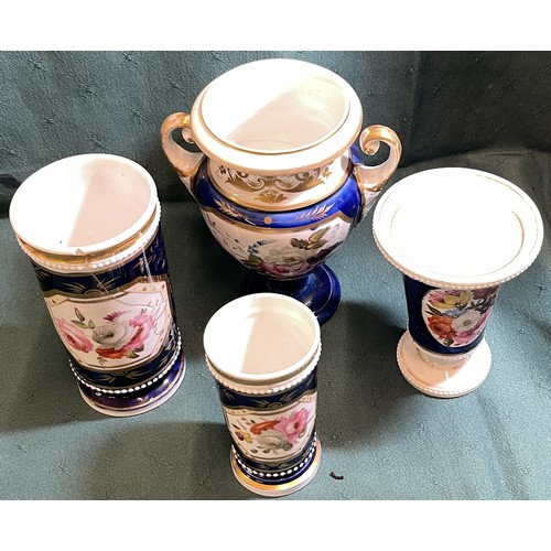 470 - X4 PIECES OF HANDPAINTED VICTORIAN POTTERY, FLORAL DECORATION ON A COBALT BLUE WHITE AND GILT BACKGR... 