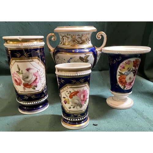 470 - X4 PIECES OF HANDPAINTED VICTORIAN POTTERY, FLORAL DECORATION ON A COBALT BLUE WHITE AND GILT BACKGR... 